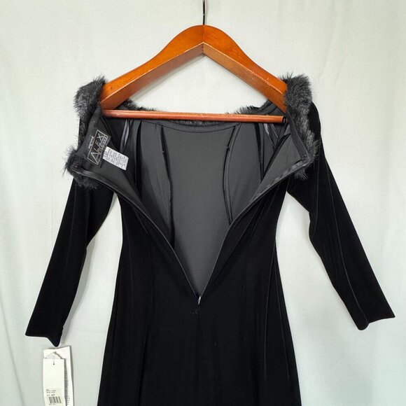 Vintage Alex Evening Black Velvet Faux Fur Off Shoulder Long Sleeve Maxi Dress - Picture 7 of 14